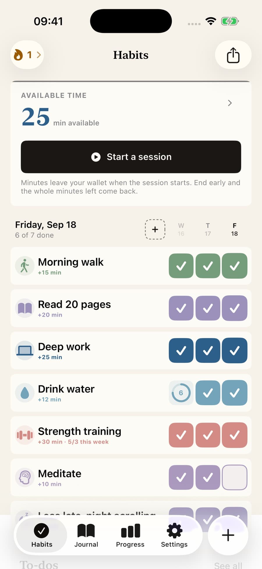 Moventria Habits screen with completed habits and Available Time