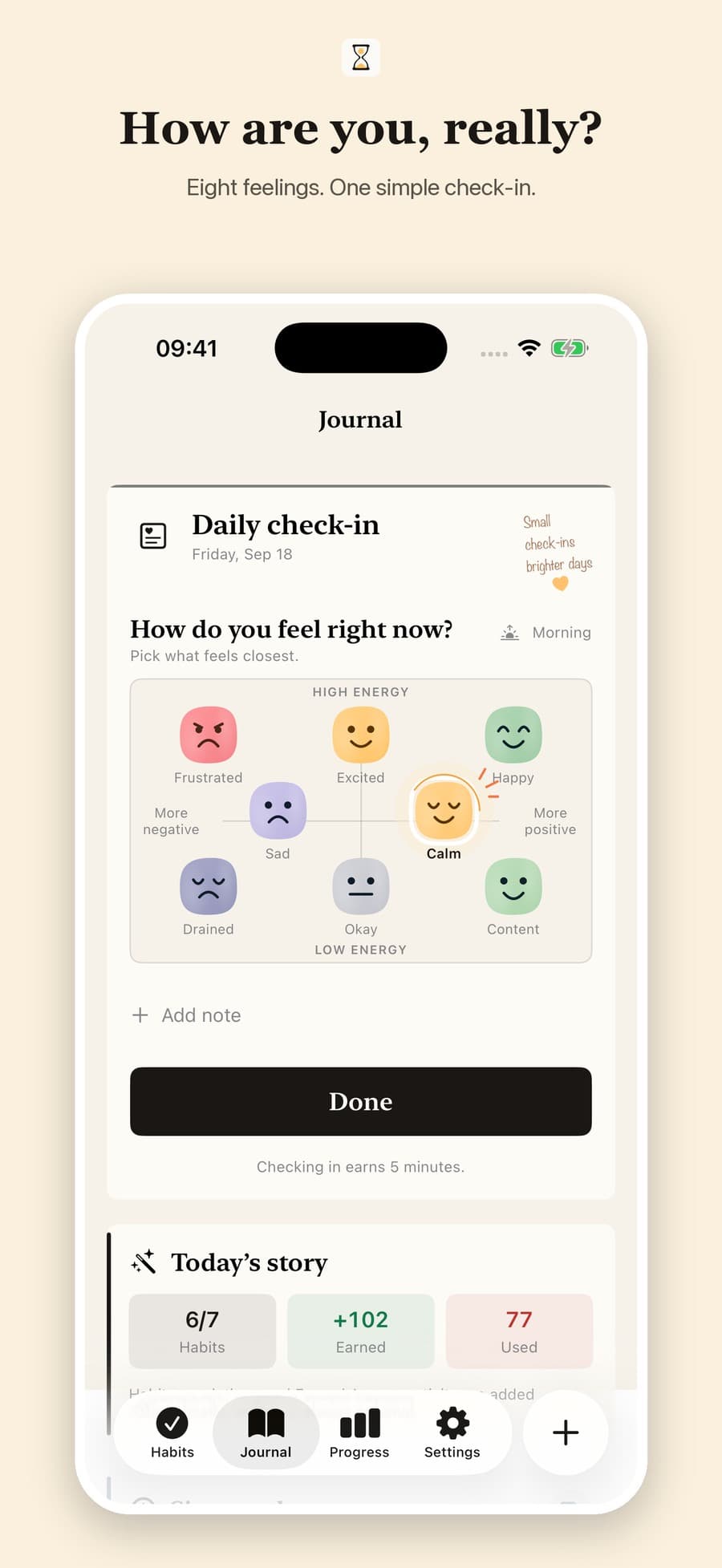 Moventria Daily Check-in screen showing eight emotions and an optional note
