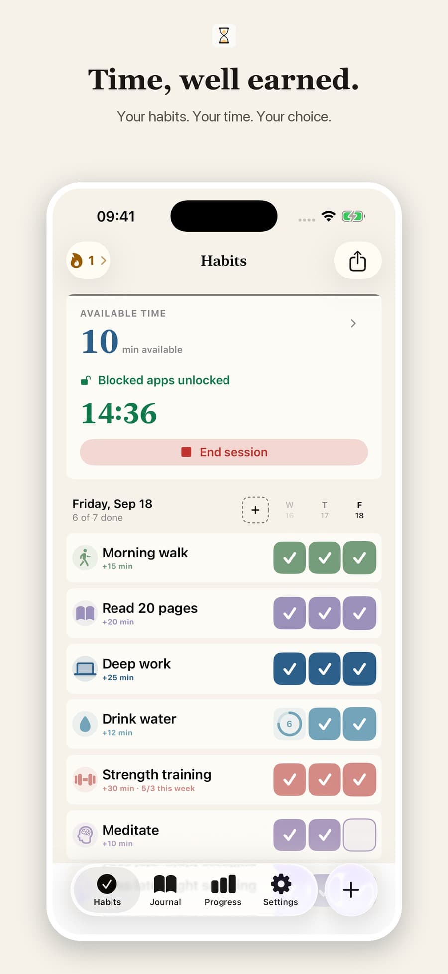 Moventria active session showing earned minutes, protected apps unlocked, a live countdown, and session controls
